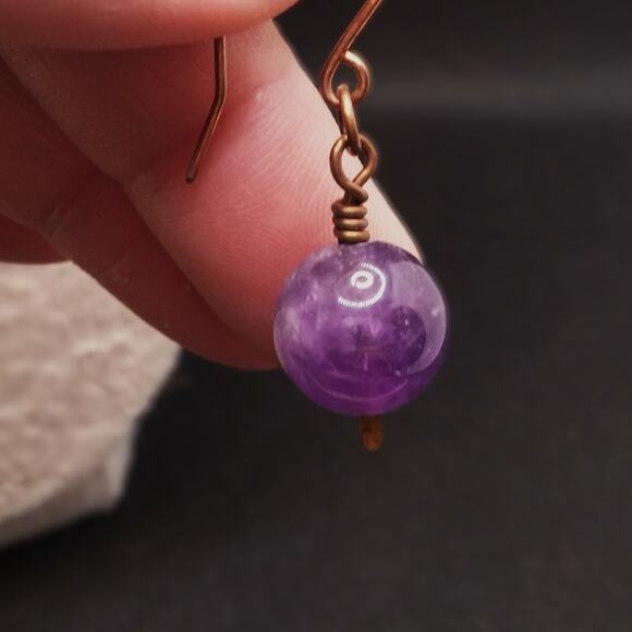 Amethyst Copper Wire Earrings Artisan 12mm Round Purple Gemstone Drop Dangle New - Picture 7 of 8